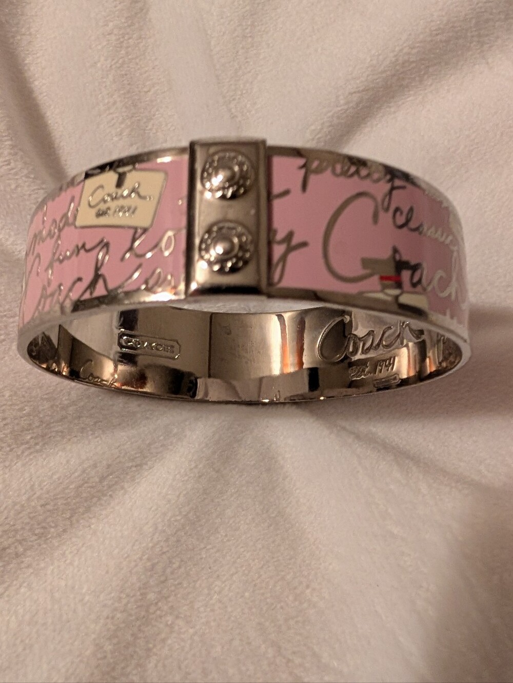 Coach Pink Script Perfume Bottle Enamel Bangle Bracelet Pink Silver Like New - Picture 11 of 13